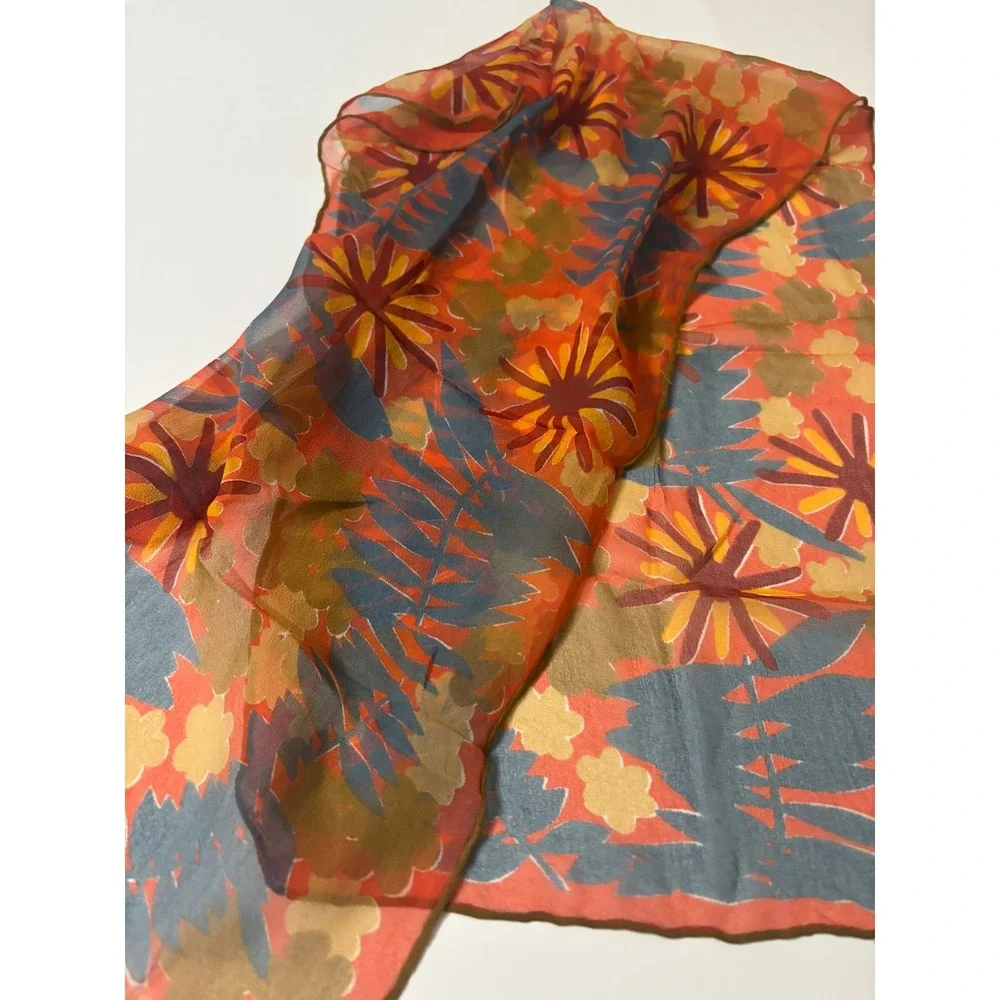 Vera Neumann Vintage Sheer Chiffon Scarf Orange Blue Floral Botanical Scarf